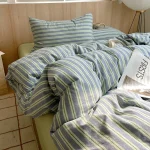 Navy Green Wide Stripe Fitted Bedding Set